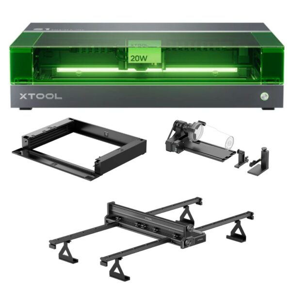 Grabadora Láser xTool S1 20W + Alimentador Automático + Rotativo RA2 Pro + Base Elevadora – Preventa Agosto