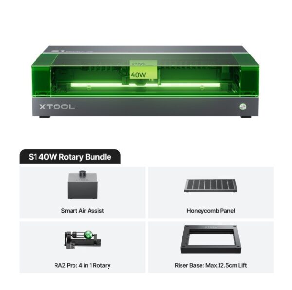 Grabadora Laser Xtool S1 40W + Rotativo RA2 Pro + Asist. de Aire + Riser + Panel HoneyComb