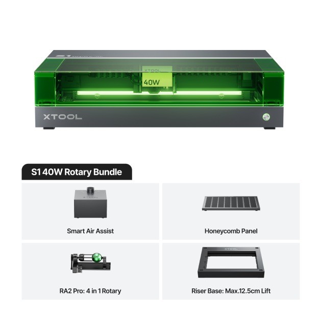 Grabadora Laser Xtool S1 40W + Rotativo RA2 Pro + Asist. de Aire + Riser + Panel HoneyComb