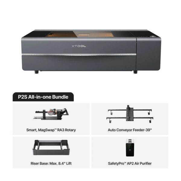 Grabadora laser de CO2 Xtool P2S 55W + Rotativo RA3 + Alimentador Automatico + Riser Elevador + Purificador de Aire AP2