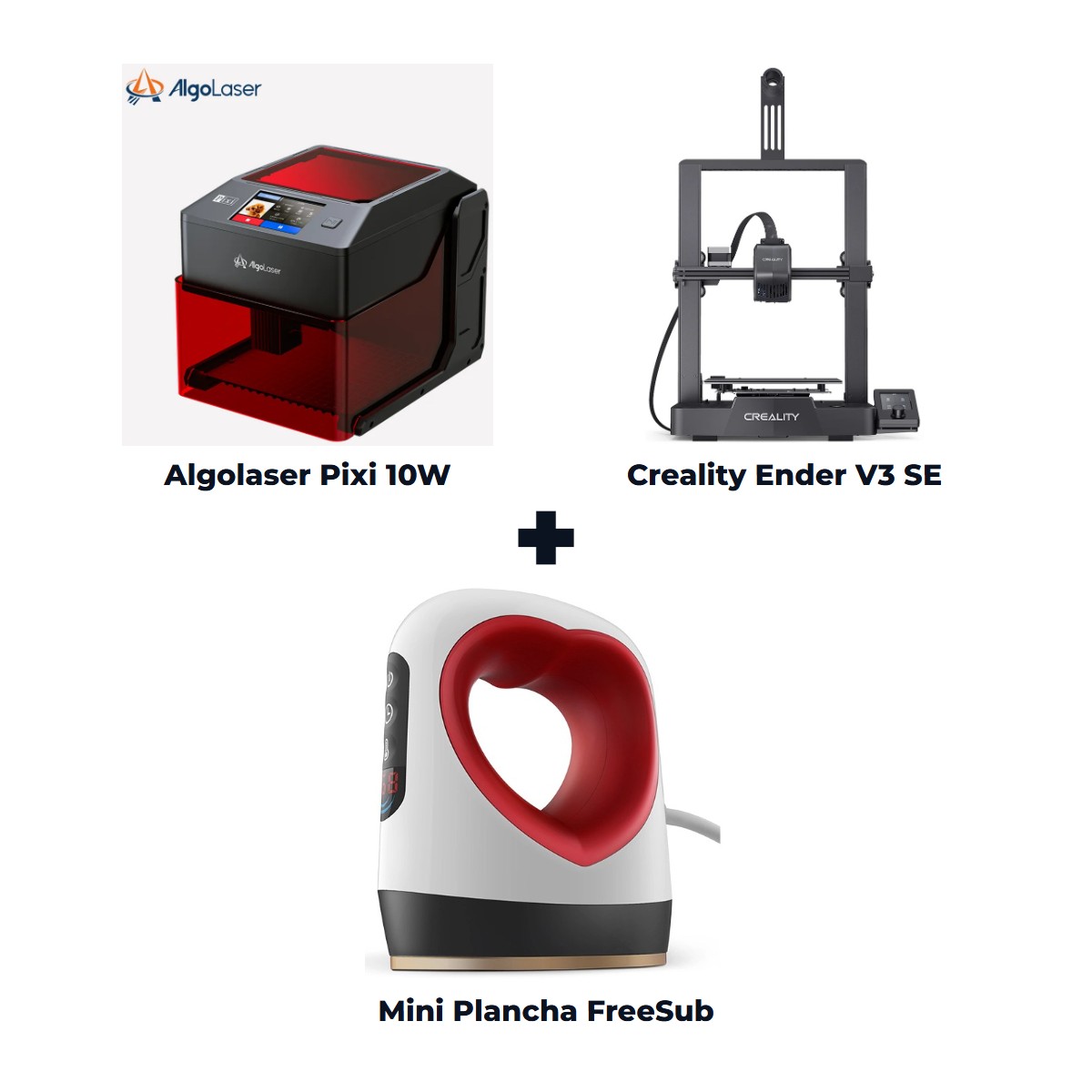 Super Combo Emprendedor Inicial: Grabadora Láser Algolaser Pixi 10W + Impresora 3D Creality Ender V3 SE + Mini Plancha Sublimadora FreeSub