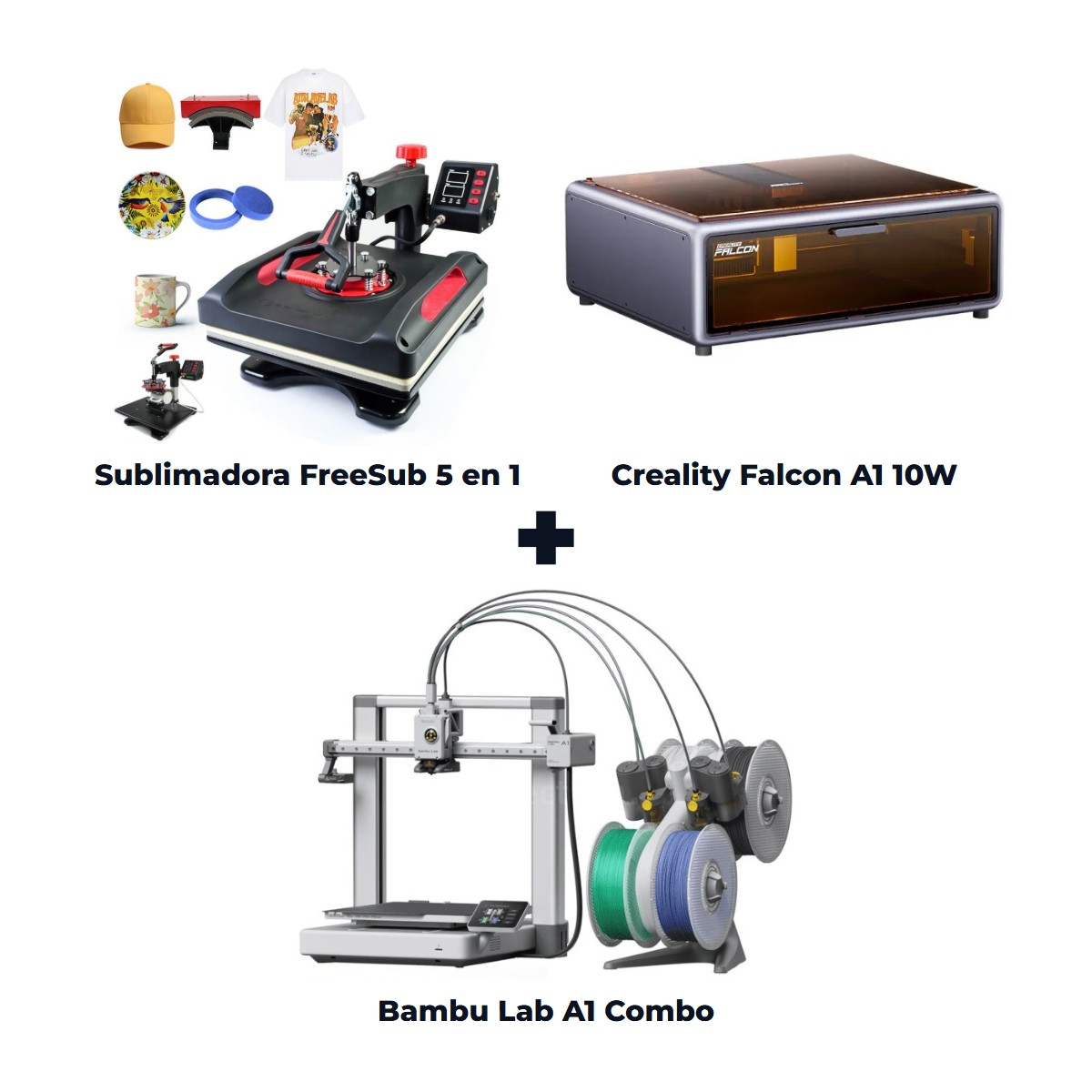 Super Combo Emprendedor Intermedio: Sublimadora 5 en 1 FreeSub + Grabadora Láser Creality Falcon A1 10W + Impresora 3D Bambu Lab A1 Combo