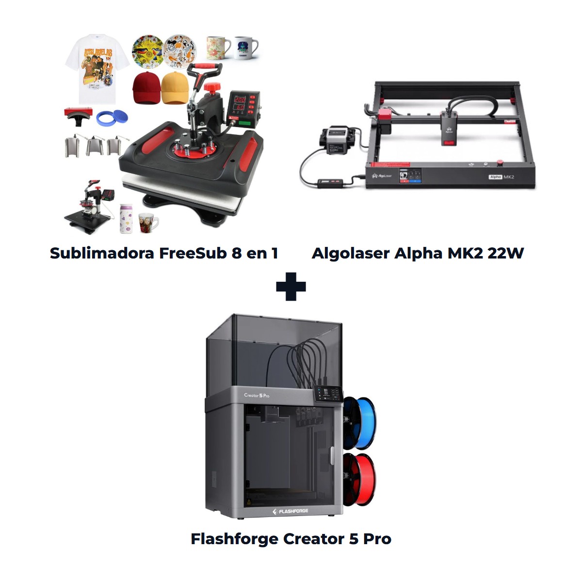 Super Combo Emprendedor Avanzado: Sublimadora 8 en 1 FreeSub + Grabadora Láser Algolaser Alpha MK2 22W + Impresora 3D Flashforge Creator 5 Pro